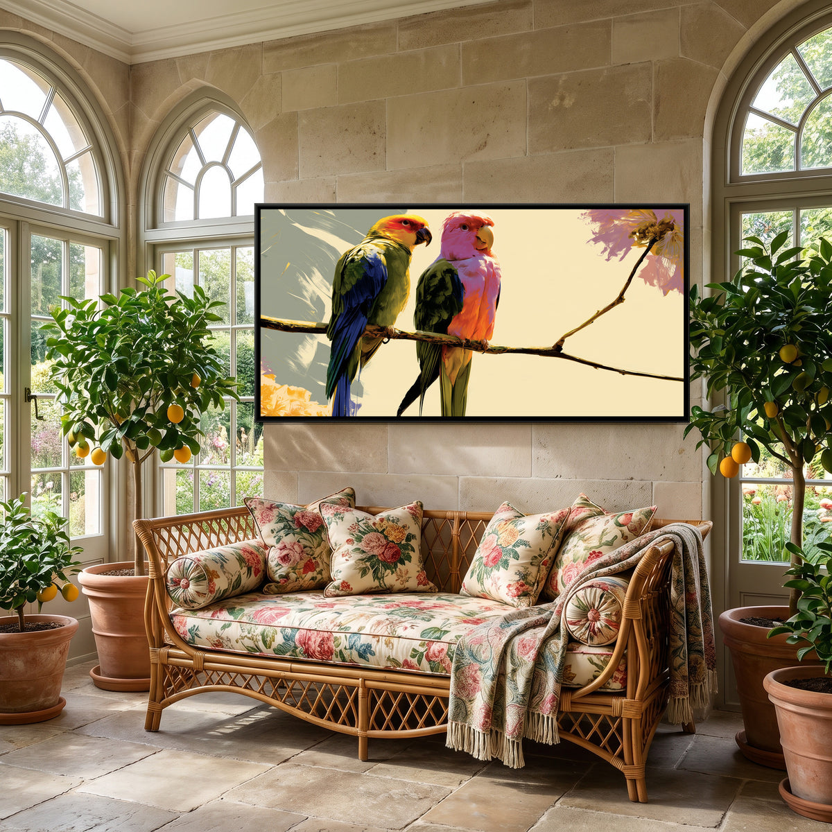 Two Parrots — canvas art shown in a second room setting