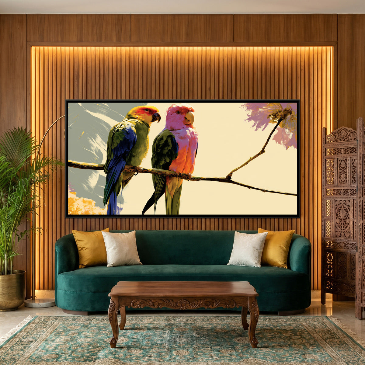 Two Parrots — framed canvas art hung on a wall