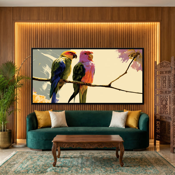 Two Parrots — framed canvas art hung on a wall