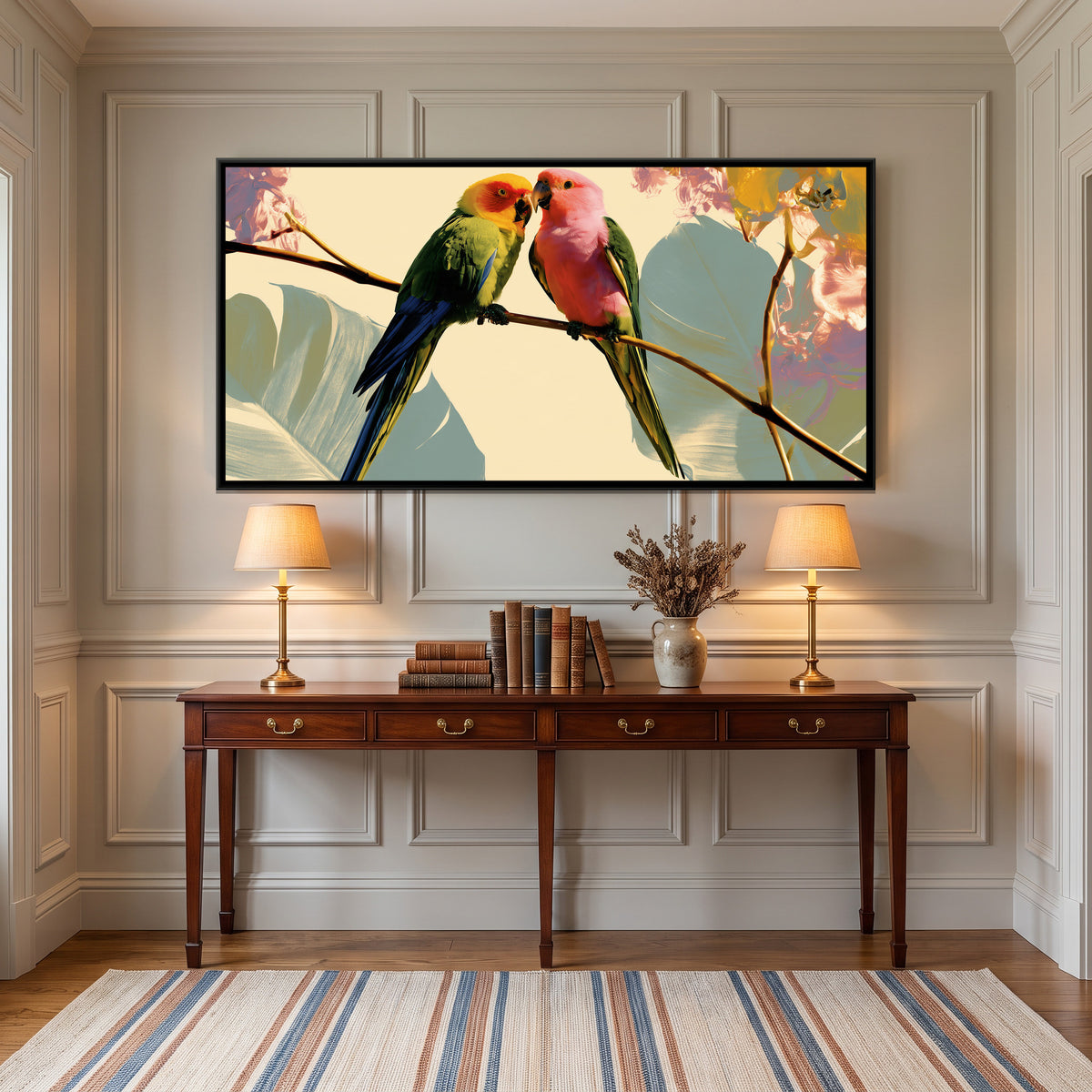 Two Parrots — canvas art shown in a styled room