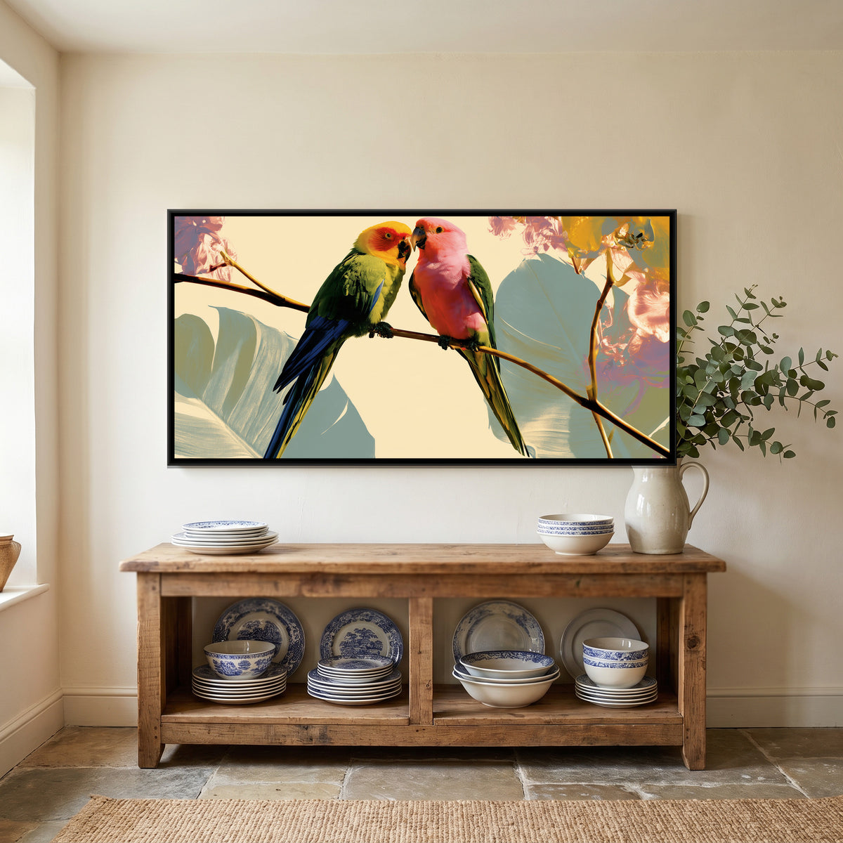 Two Parrots — canvas art shown in a second room setting