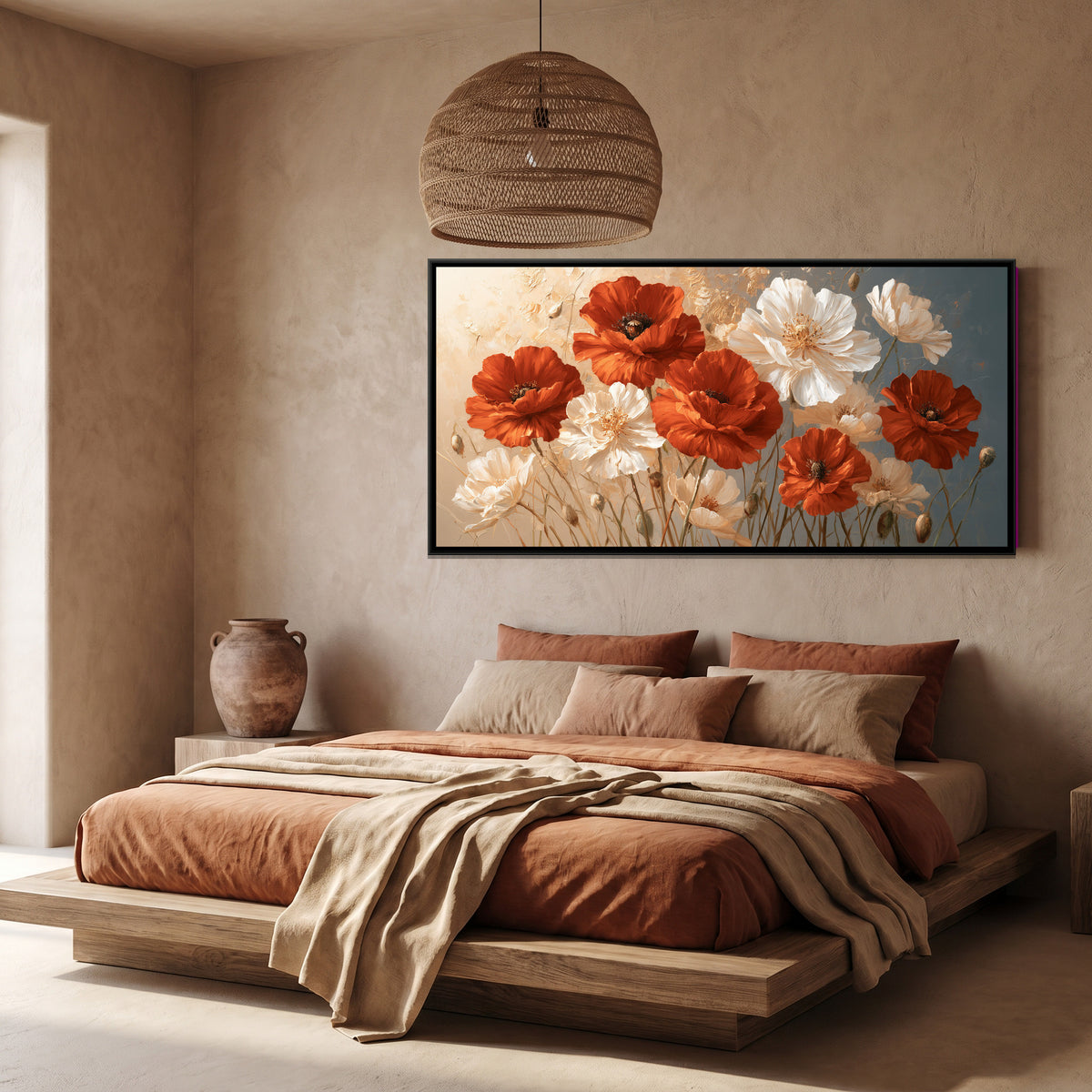 Red Poppies — canvas art shown in a styled room