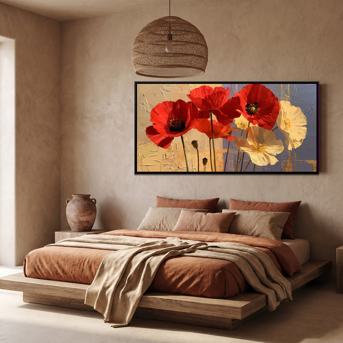 Red Poppies — canvas art shown in a styled room