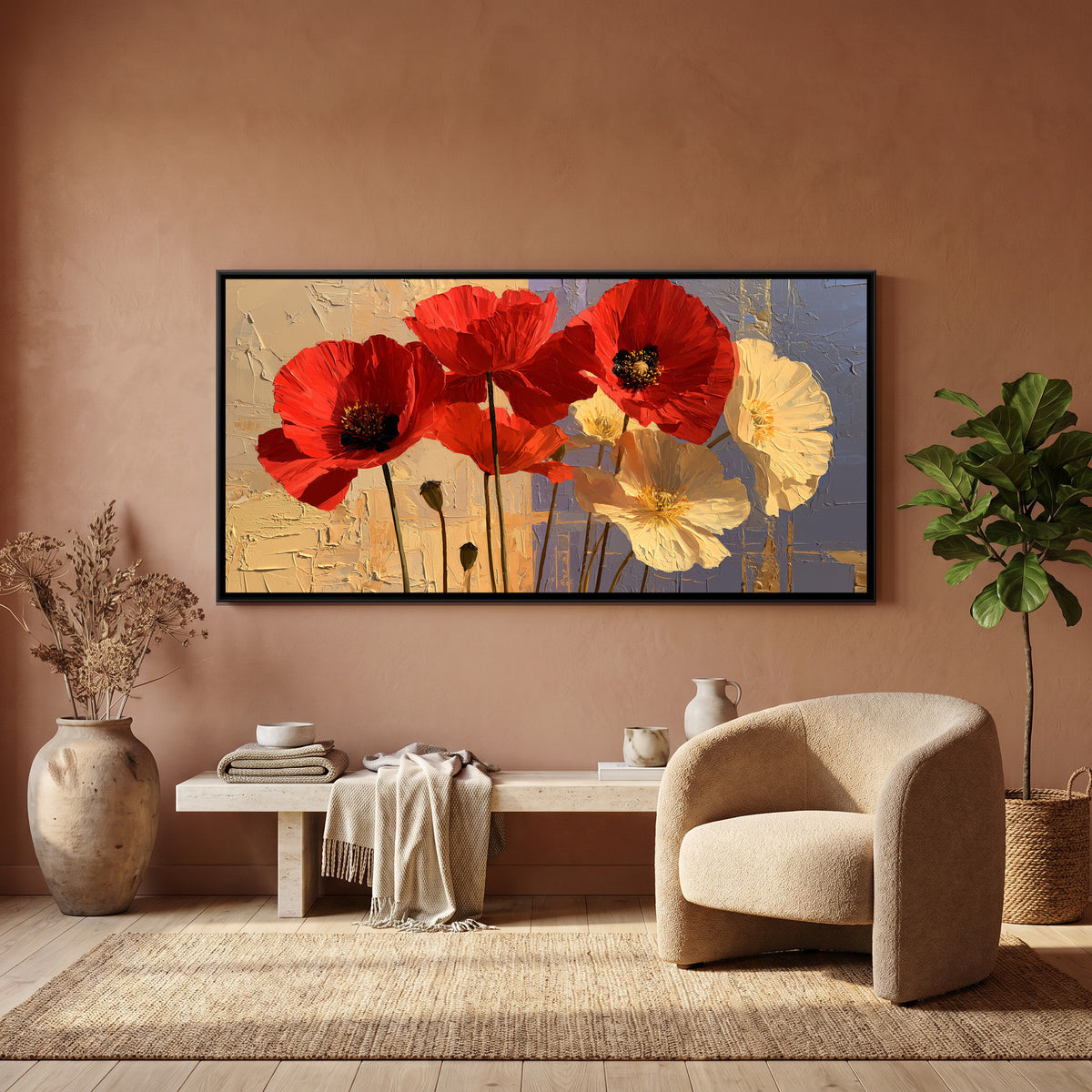Red Poppies — canvas art shown in a second room setting