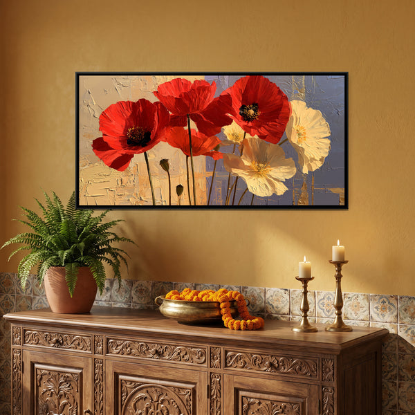 Red Poppies — framed canvas art hung on a wall