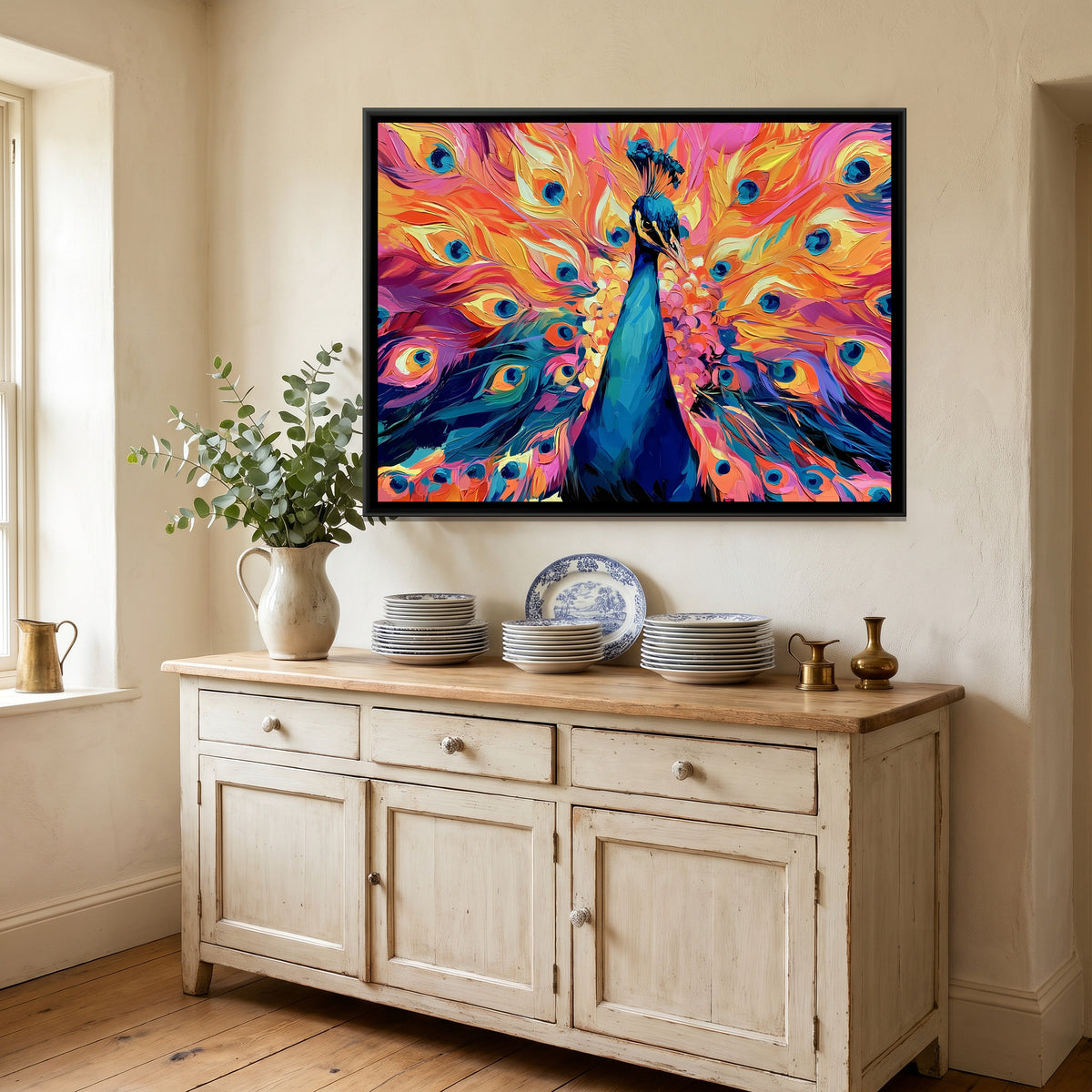 Peacock — canvas art shown in a second room setting