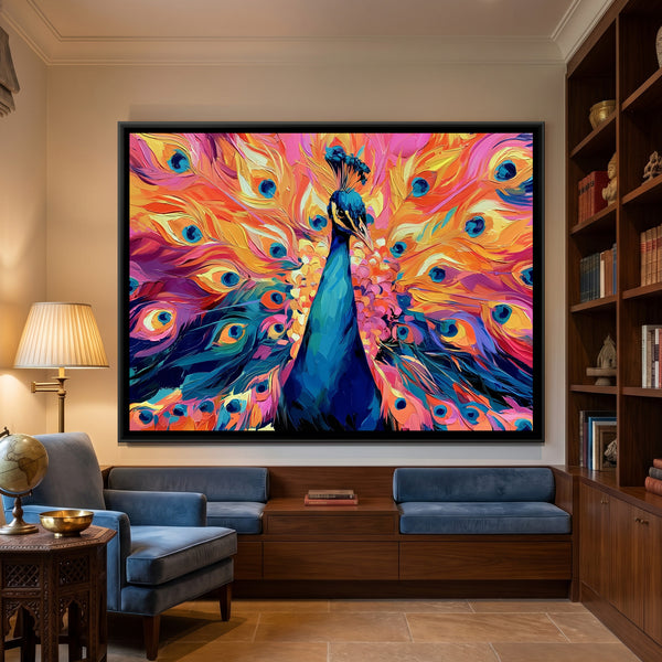 Peacock — framed canvas art hung on a wall