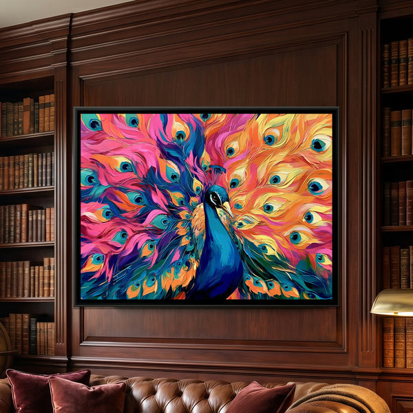 Peacock — framed canvas art hung on a wall