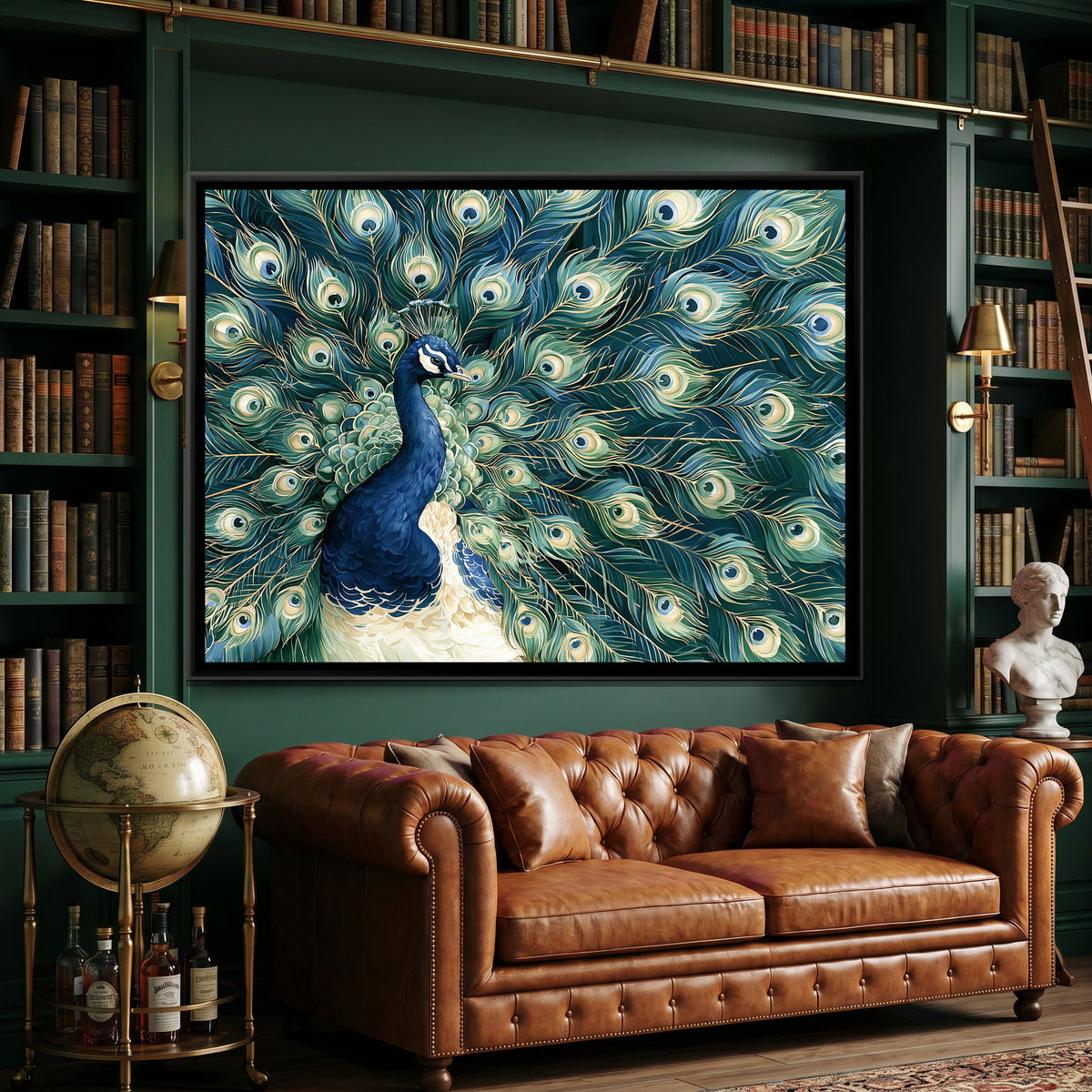Peacock — canvas art shown in a styled room