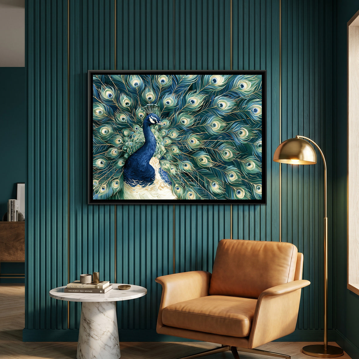 Peacock — canvas art shown in a second room setting