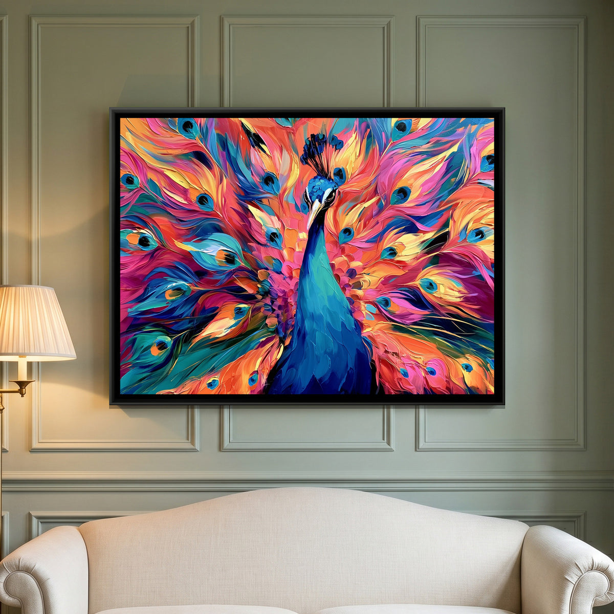 Peacock — framed canvas art hung on a wall