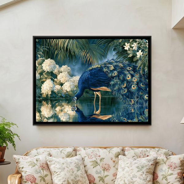Peacock and White Hydrangeas — framed canvas art hung on a wall