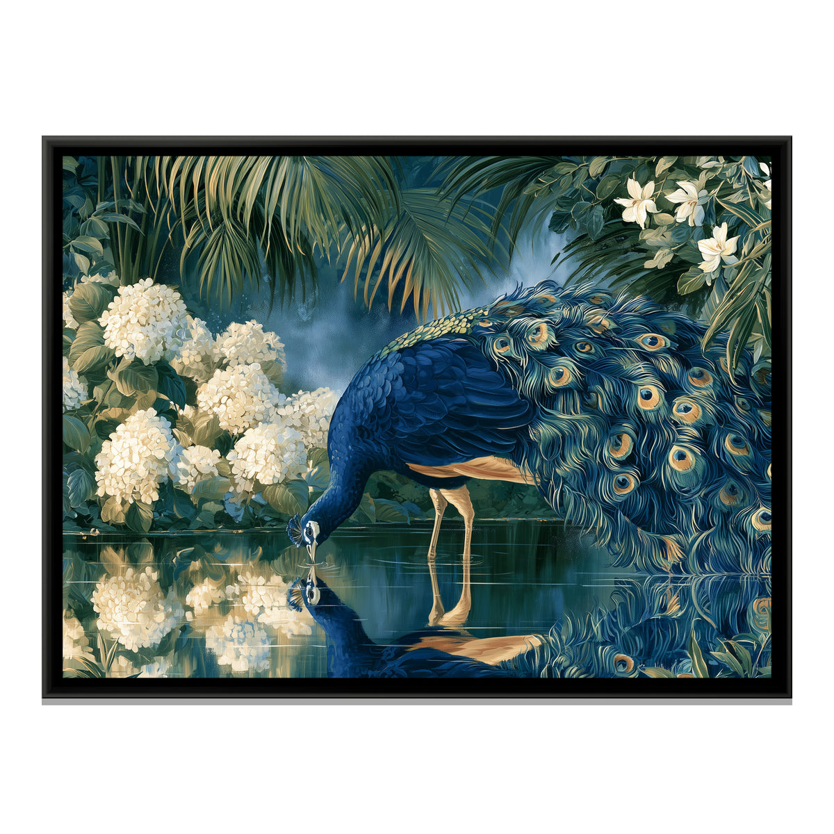Peacock and White Hydrangeas — framed canvas print, front view