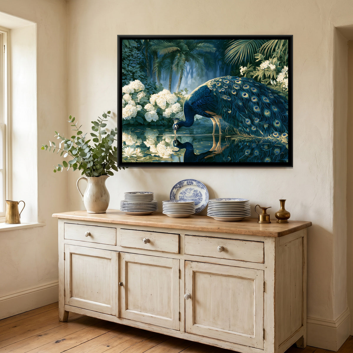 Peacock and White Hydrangeas — canvas art shown in a styled room