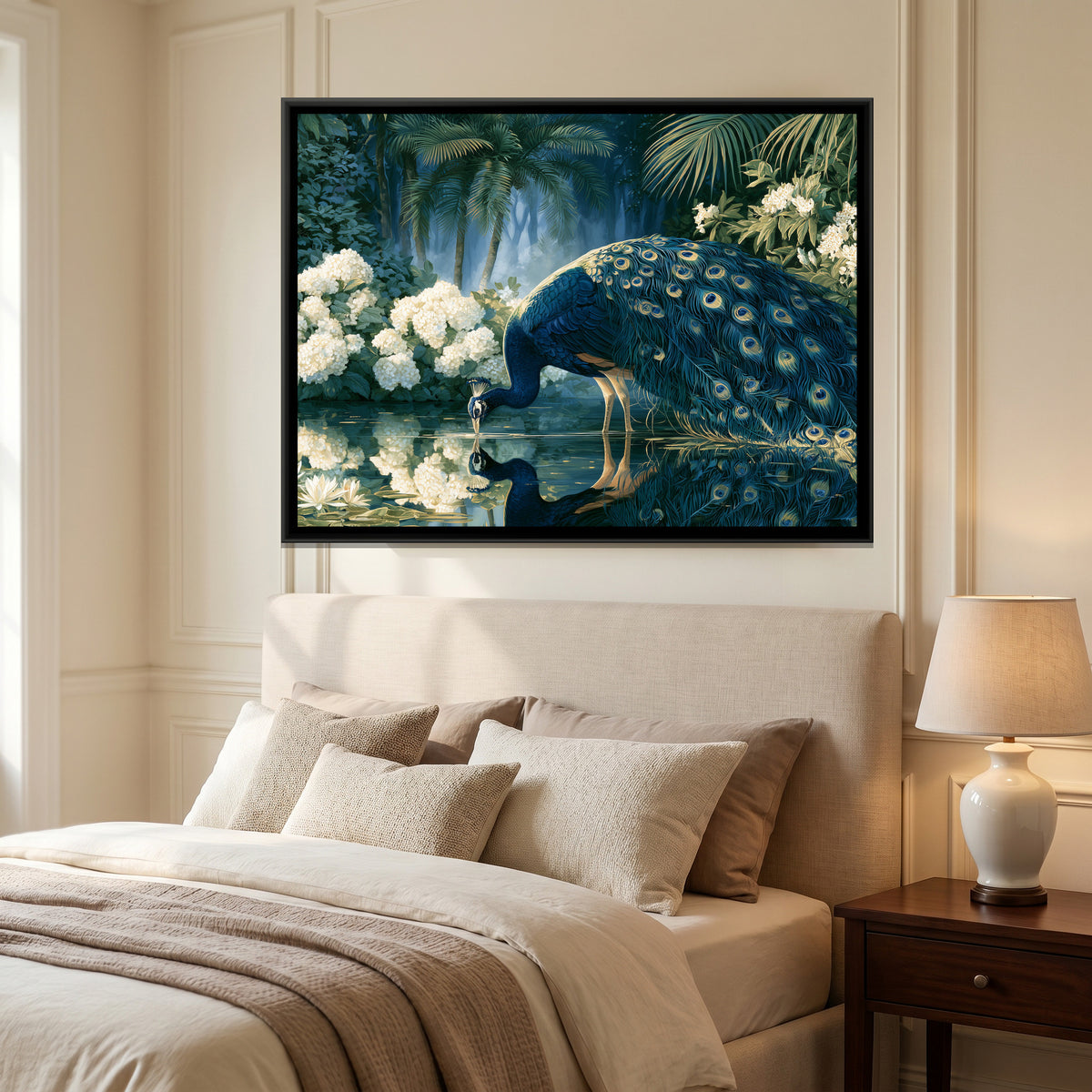 Peacock and White Hydrangeas — canvas art shown in a second room setting