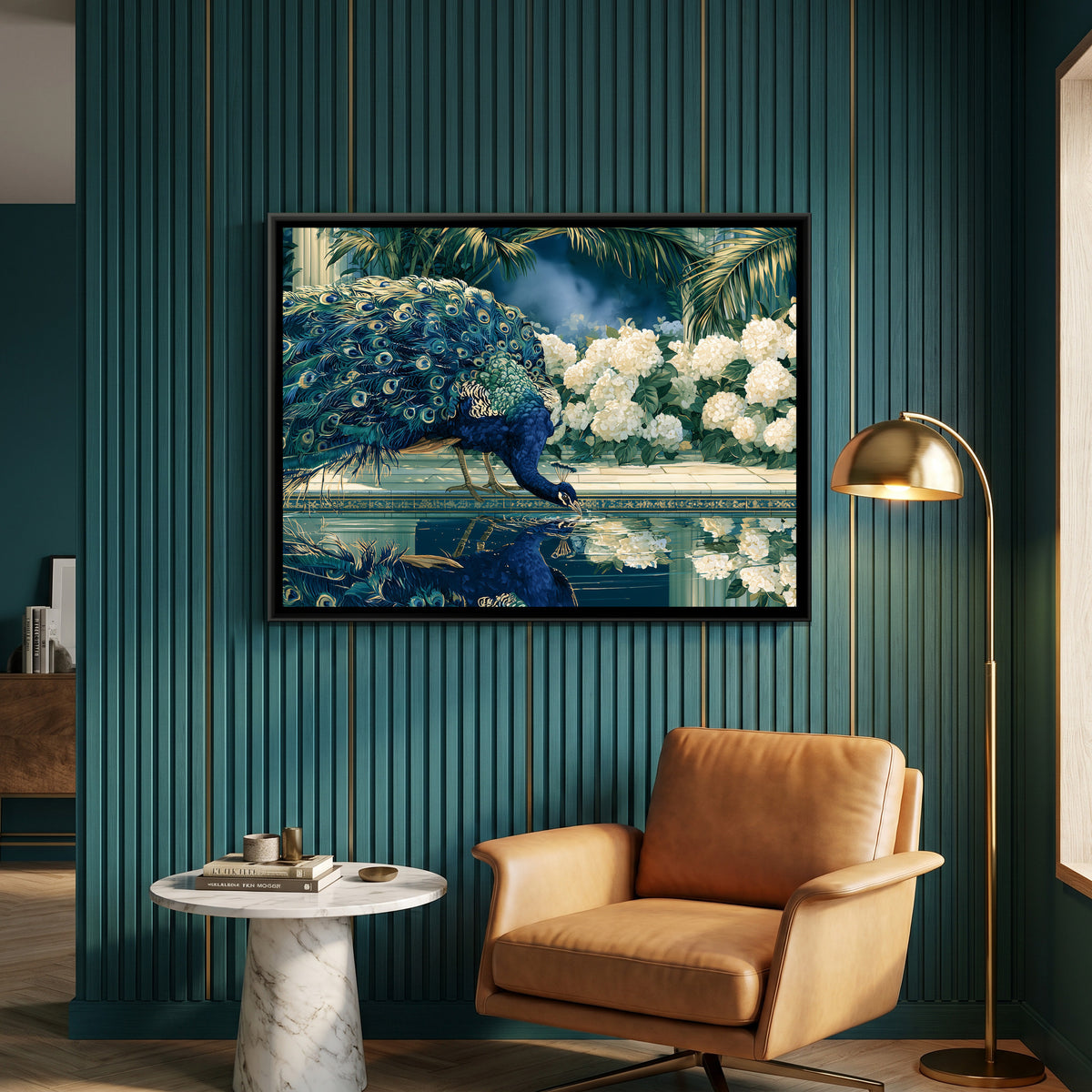 Peacock and White Hydrangeas — canvas art shown in a second room setting