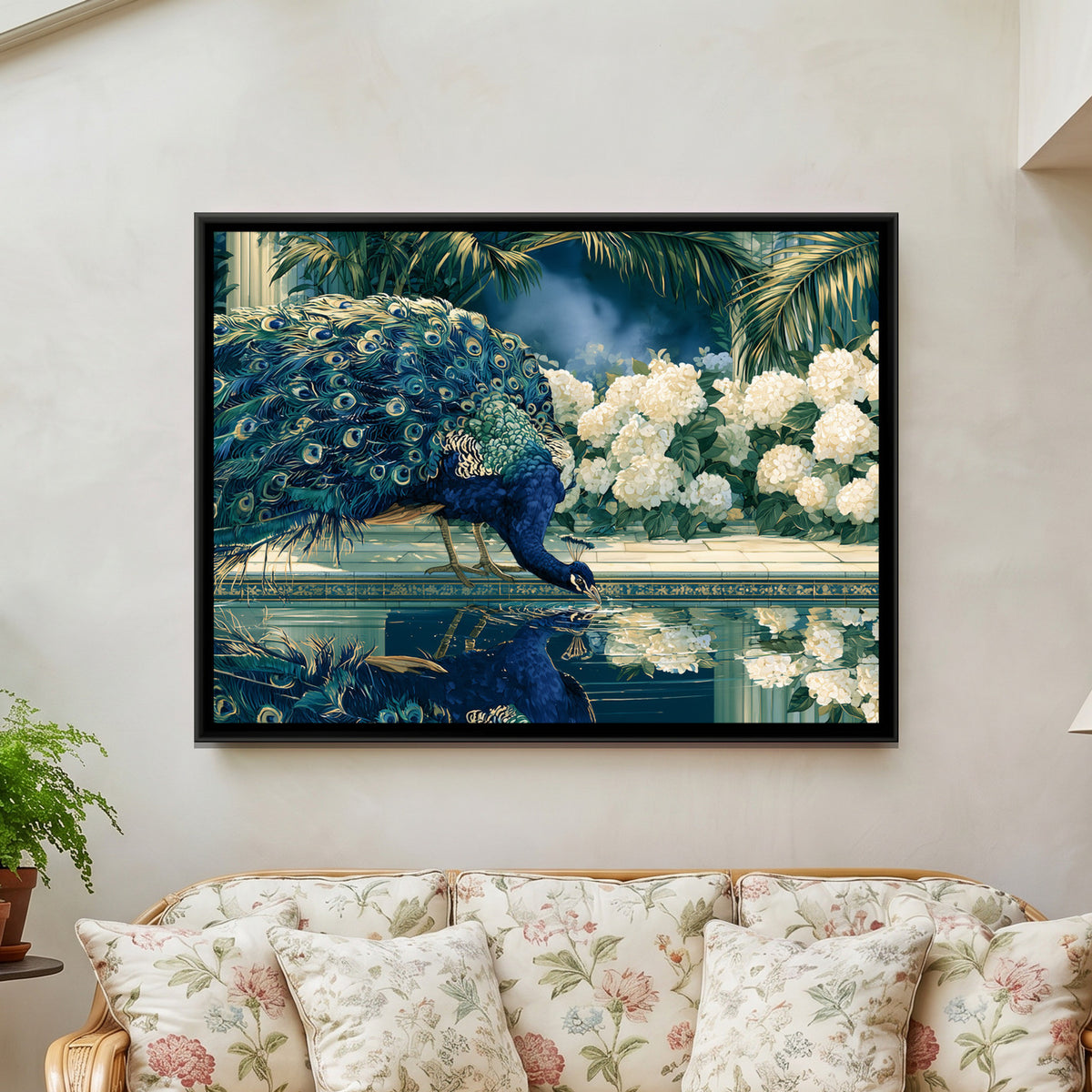 Peacock and White Hydrangeas — framed canvas art hung on a wall