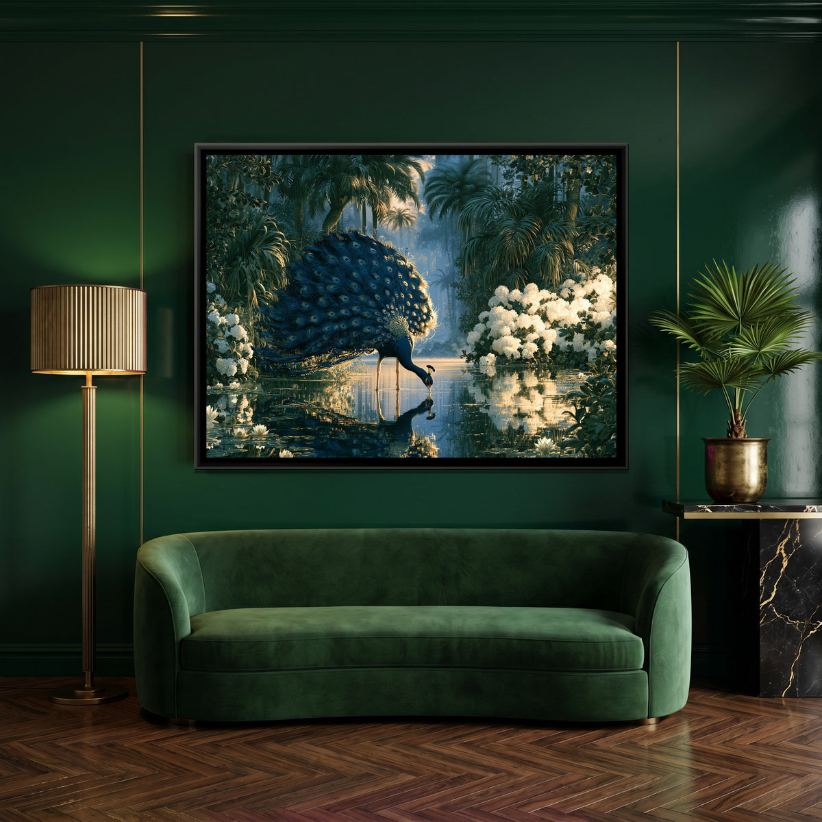 Peacock and White Hydrangeas — canvas art shown in a second room setting