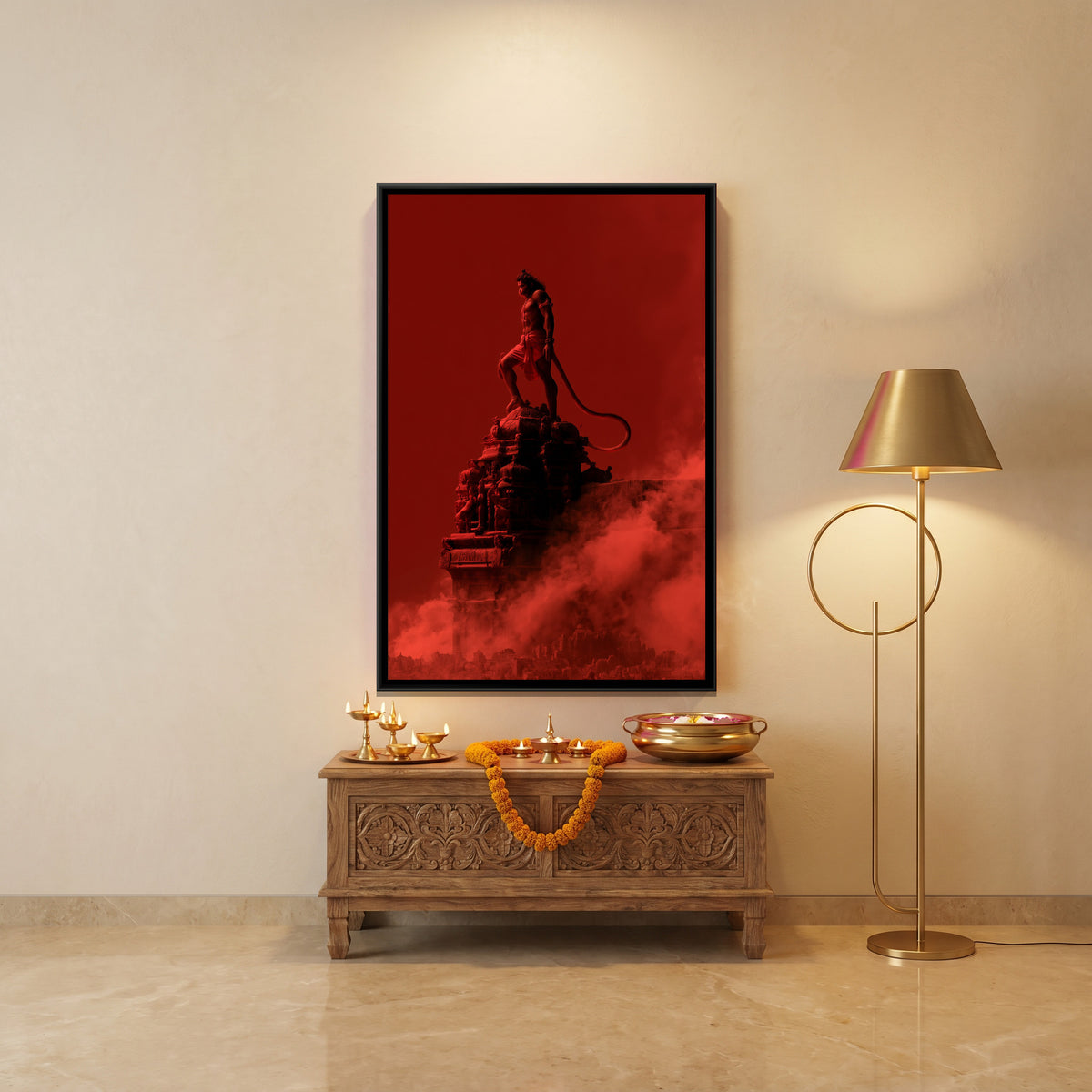 Hanuman Ji — canvas art shown in a second room setting