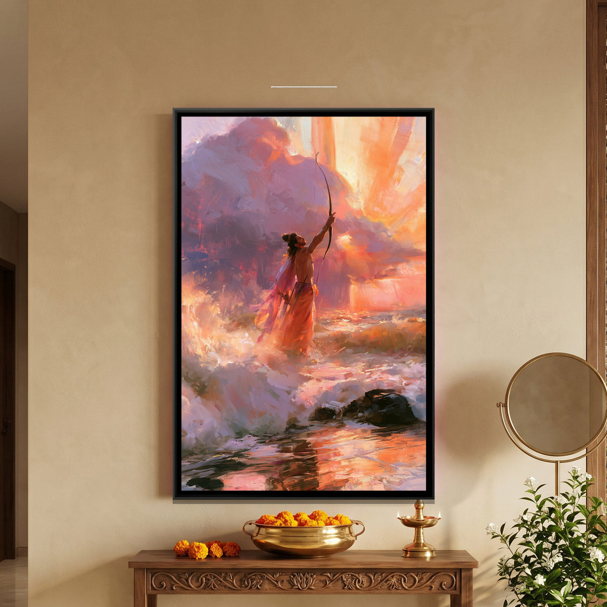 Shri Ram with Bow — framed canvas art hung on a wall