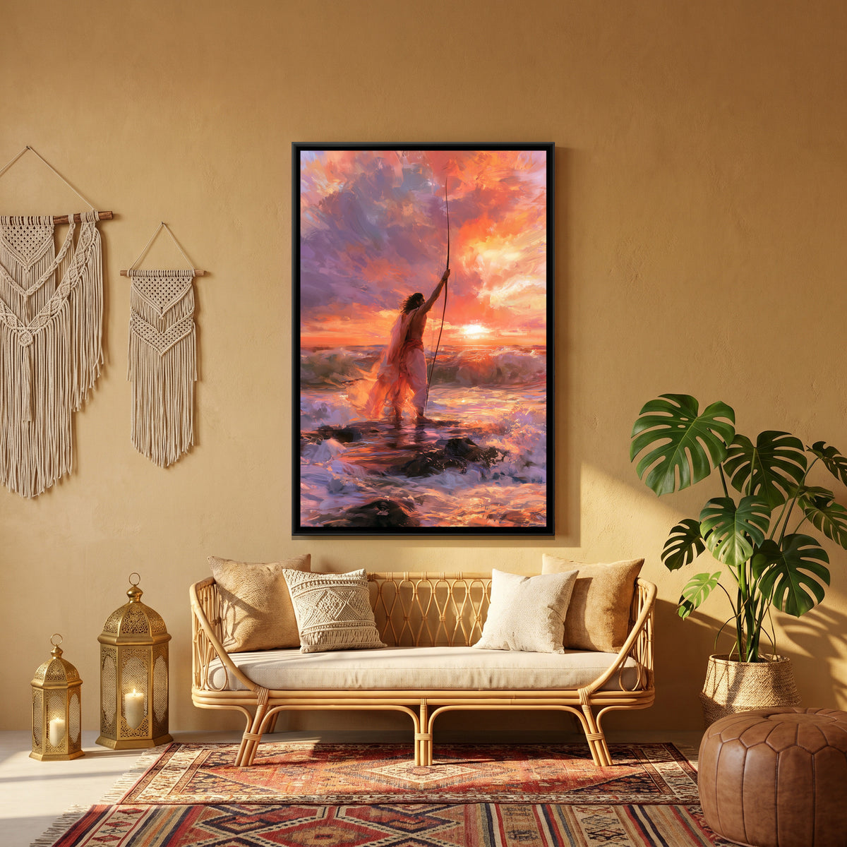 Shri Ram with Bow — canvas art shown in a second room setting