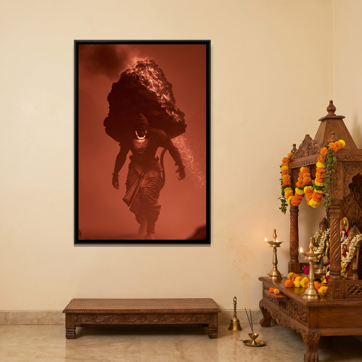Hanuman Ji with Mountain — canvas art shown in a second room setting