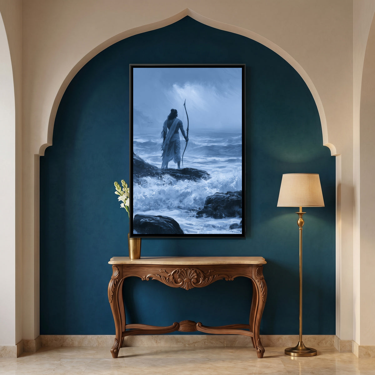 Shri Ram with Bow — canvas art shown in a styled room