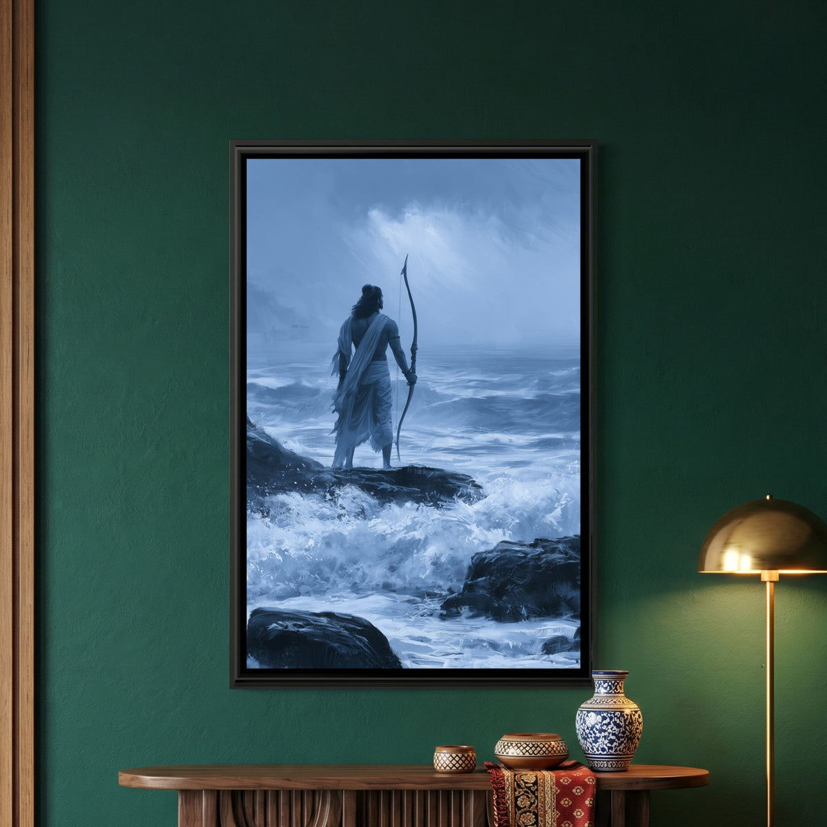 Shri Ram with Bow — framed canvas art hung on a wall