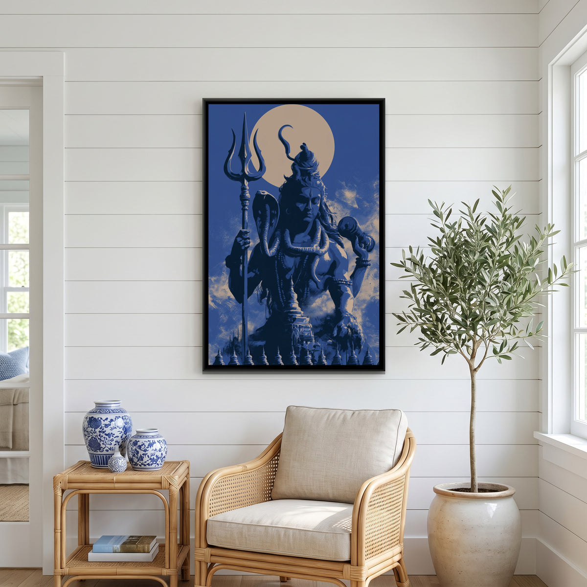 Mahadev with Trishul — canvas art shown in a second room setting