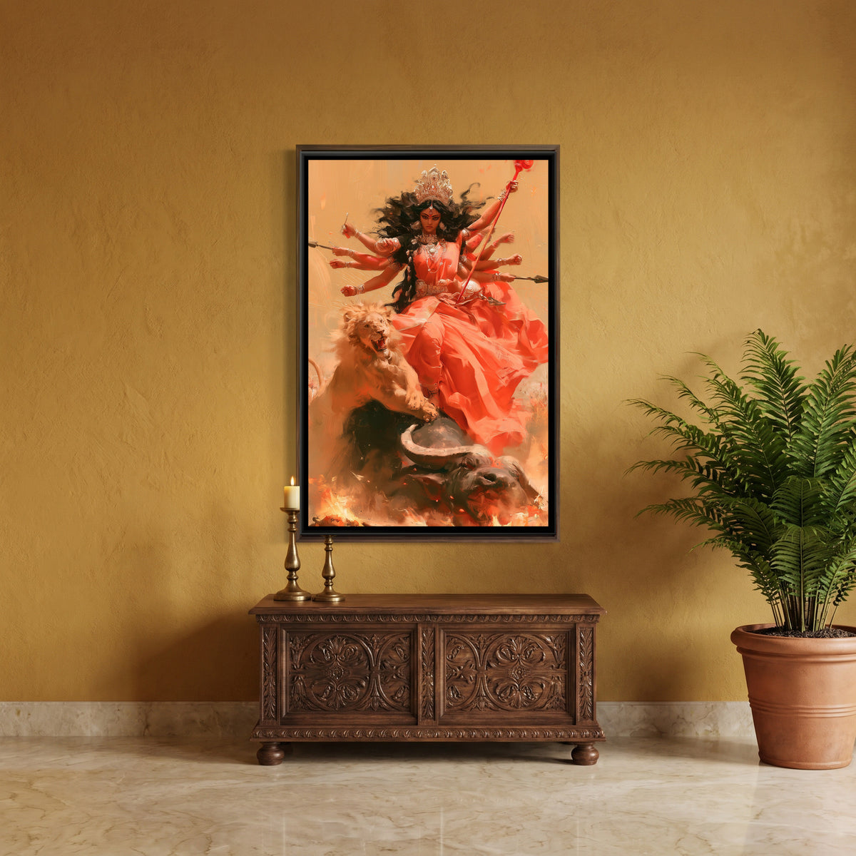 Maa Durga and Mahishasura — canvas art shown in a styled room