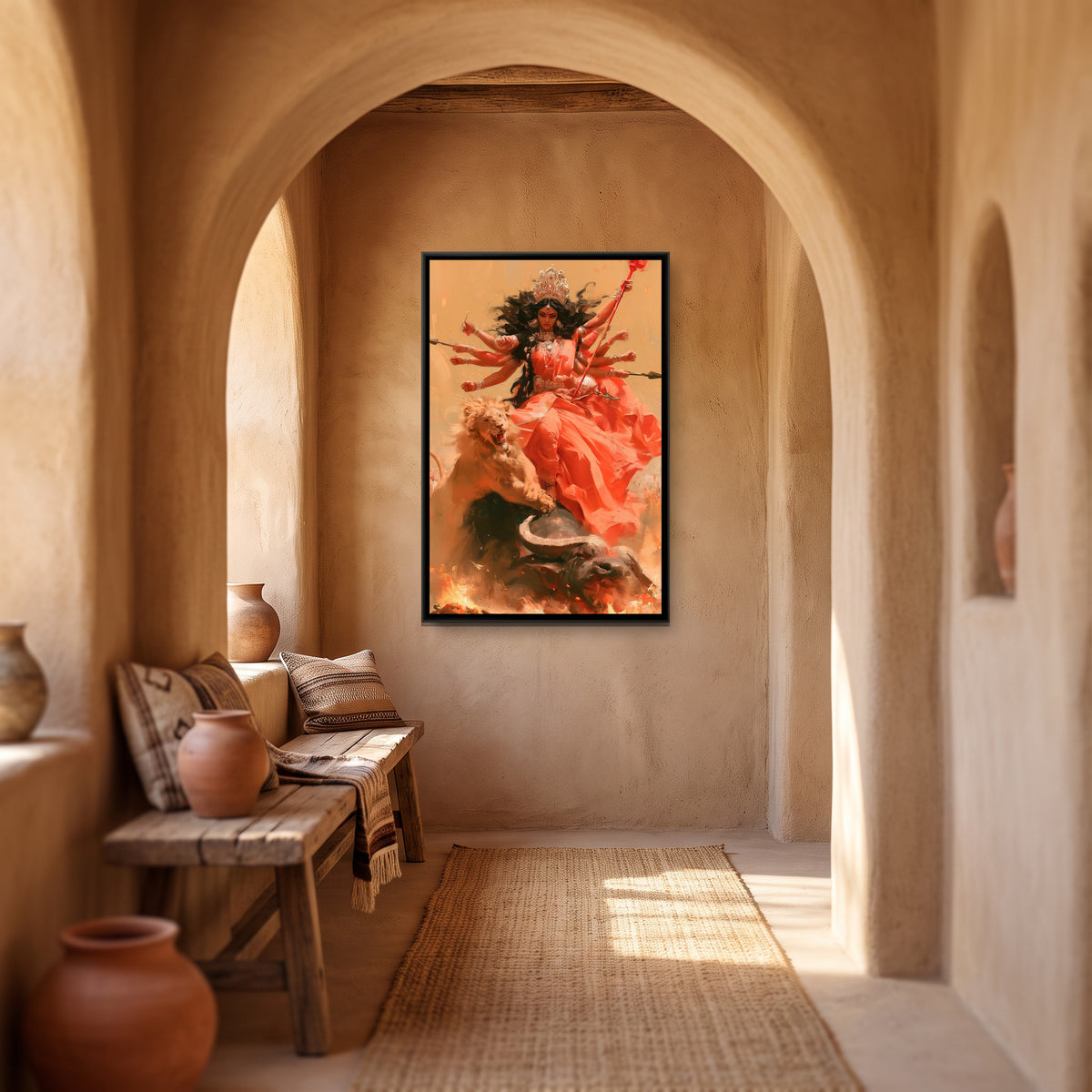 Maa Durga and Mahishasura — canvas art shown in a second room setting