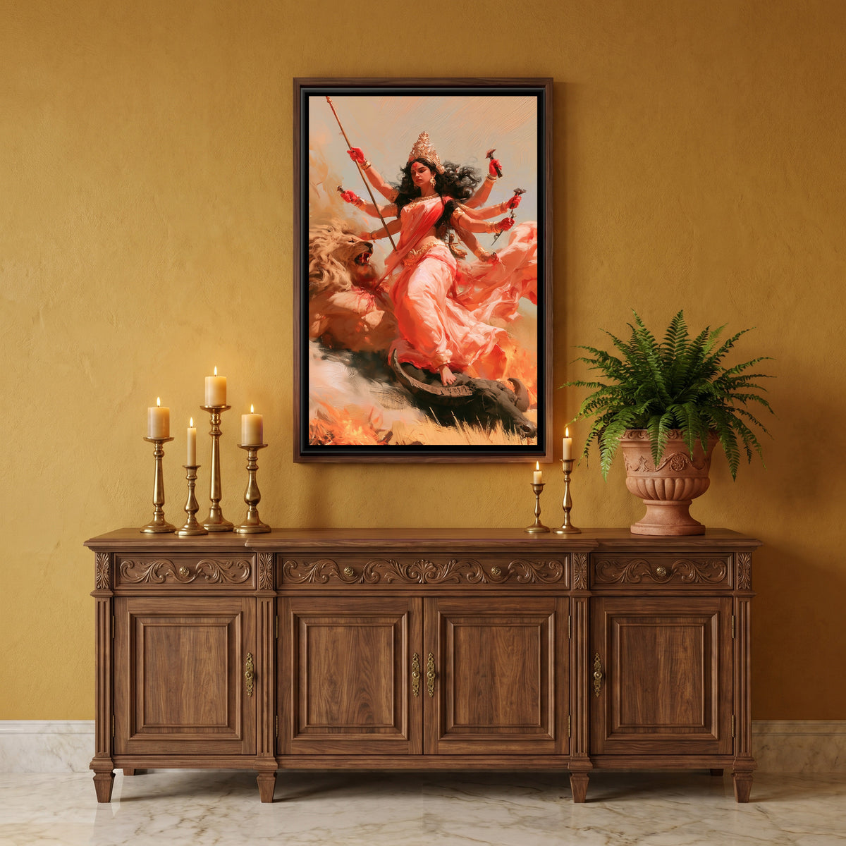 Maa Durga and Mahishasura — canvas art shown in a styled room