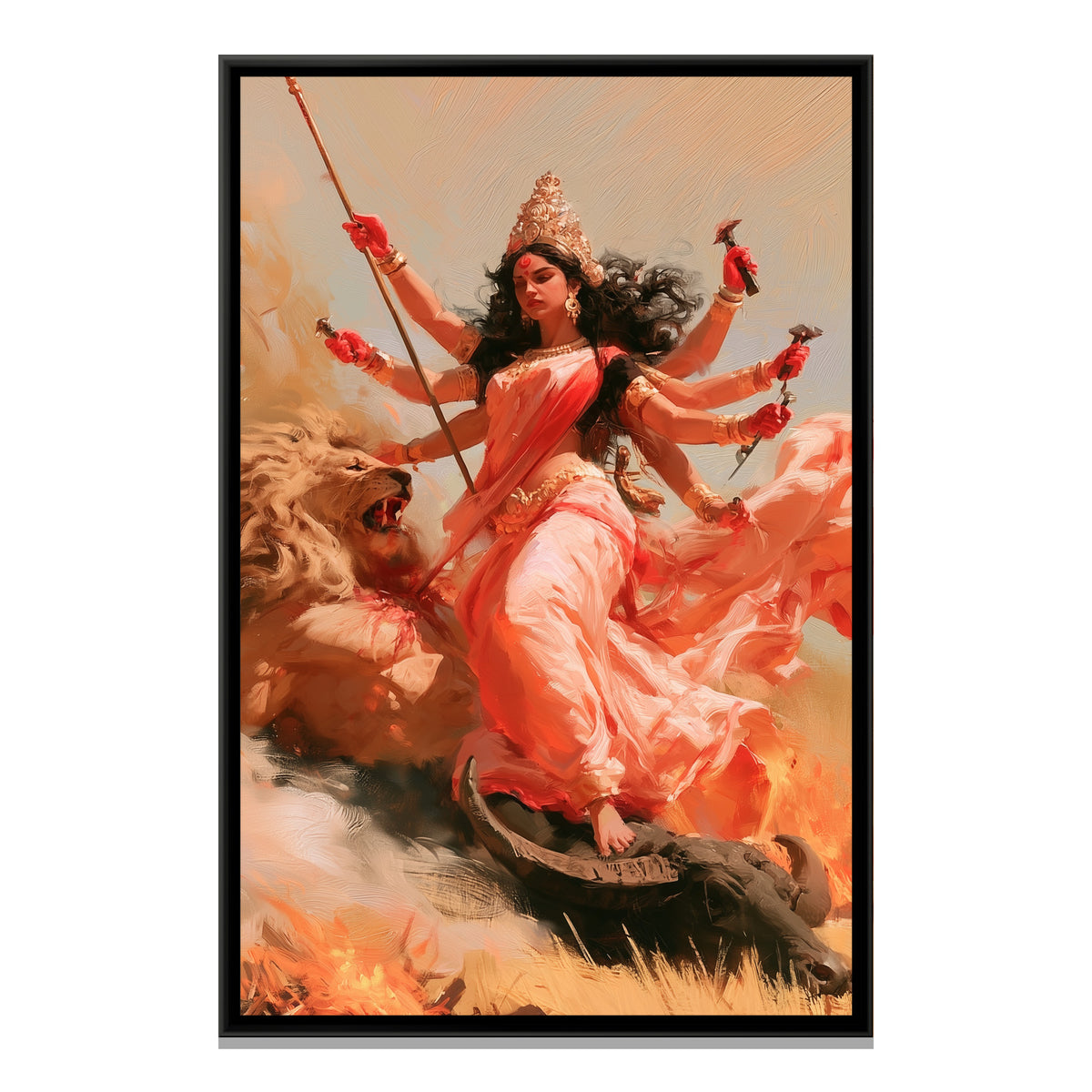 Maa Durga and Mahishasura — framed canvas print, front view