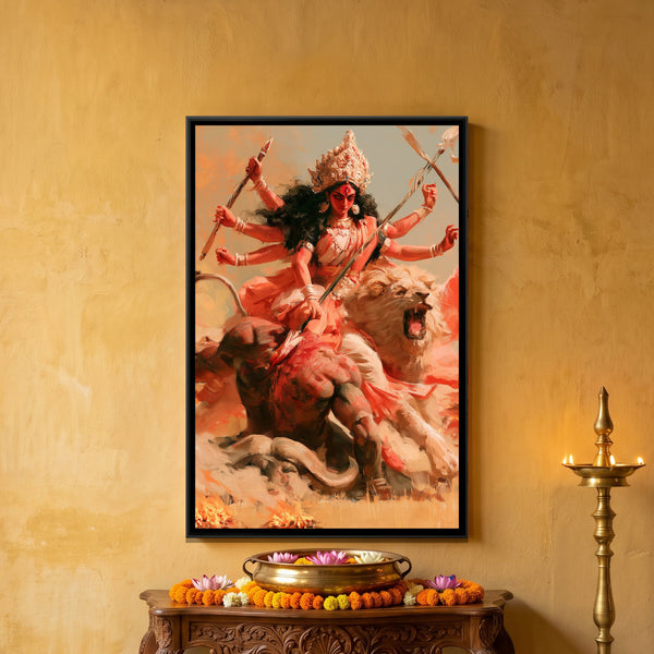 Maa Durga and Mahishasura — framed canvas art hung on a wall
