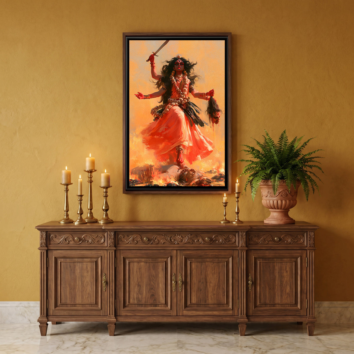 Maa Kali — canvas art shown in a styled room