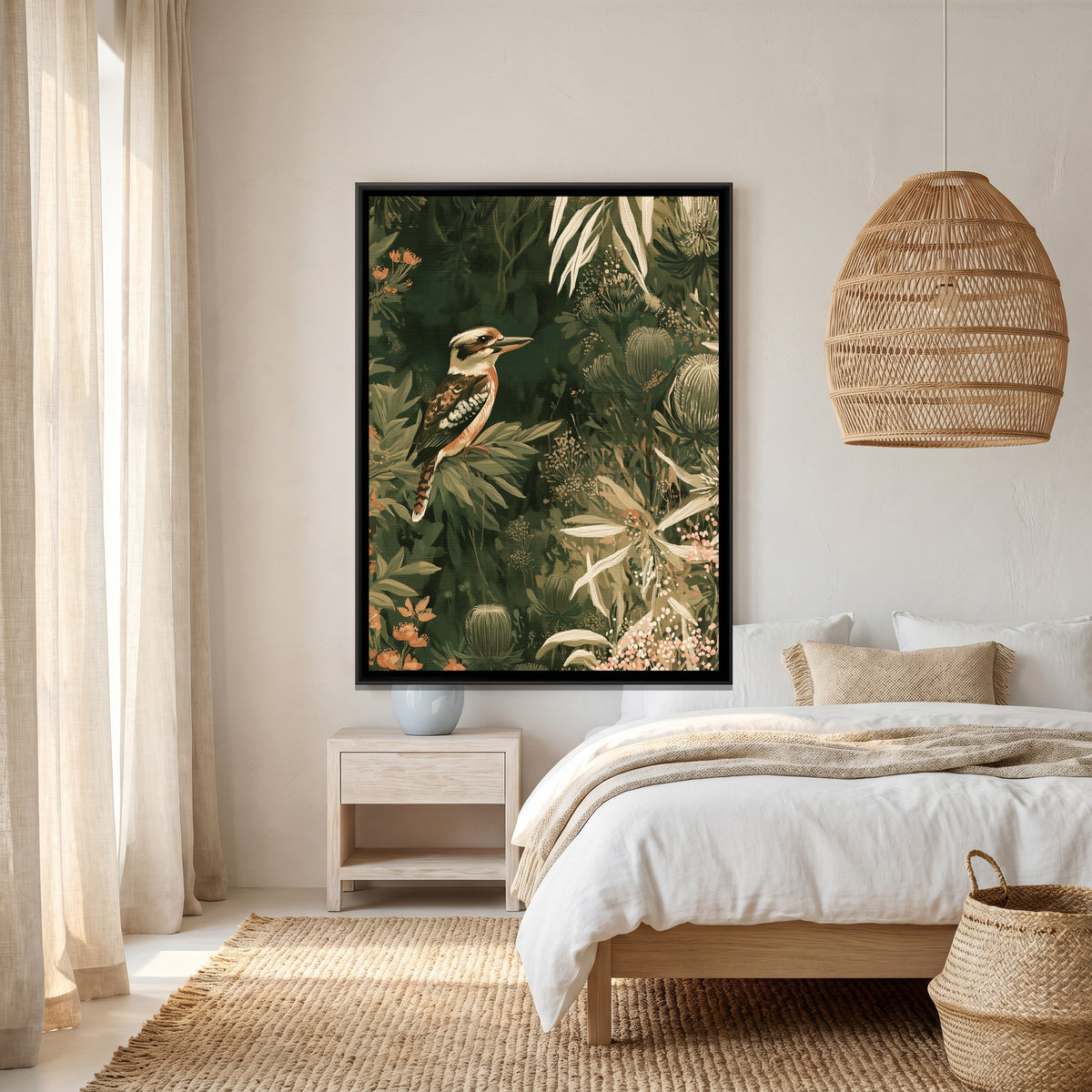 Kookaburra — canvas art shown in a styled room