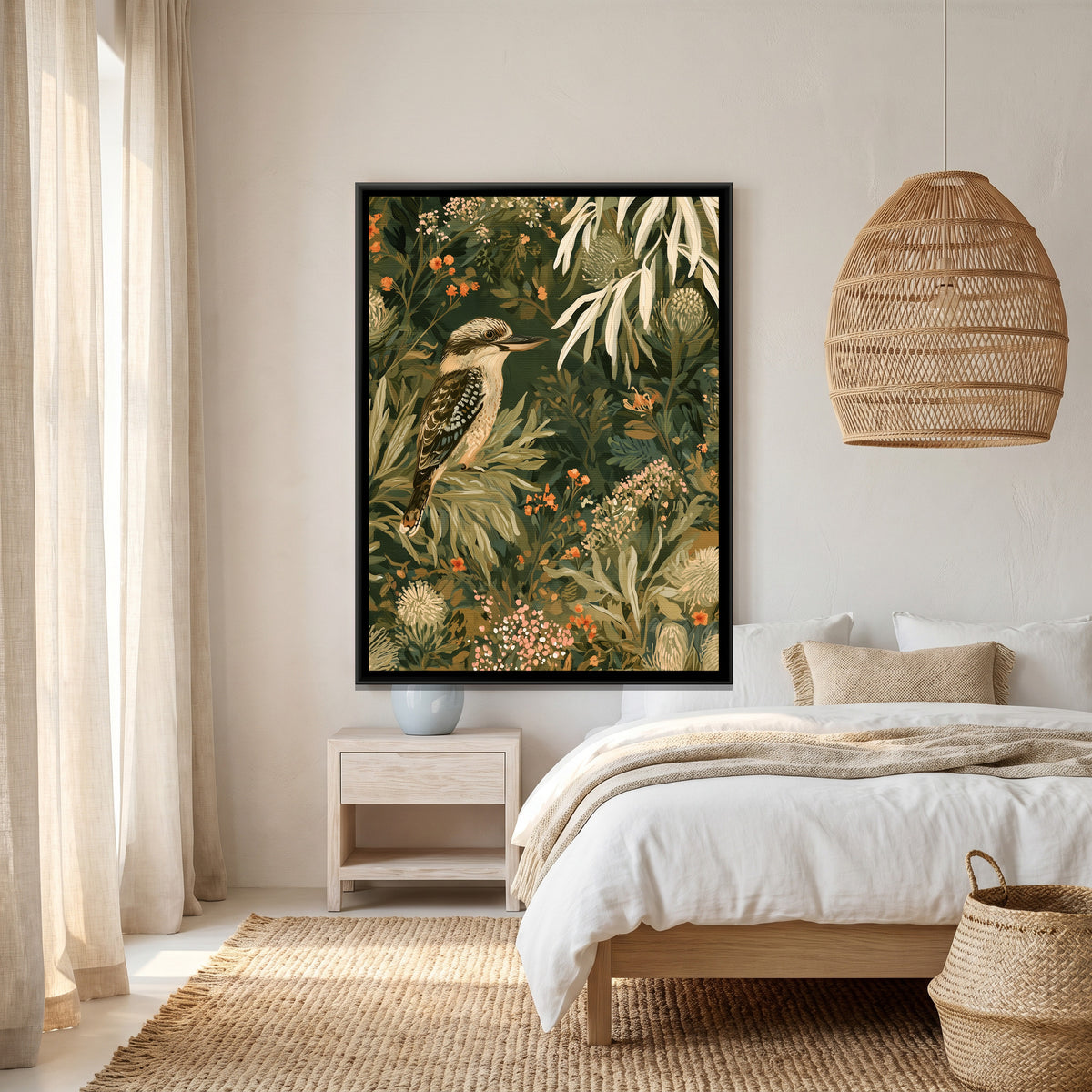 Kookaburra — canvas art shown in a styled room
