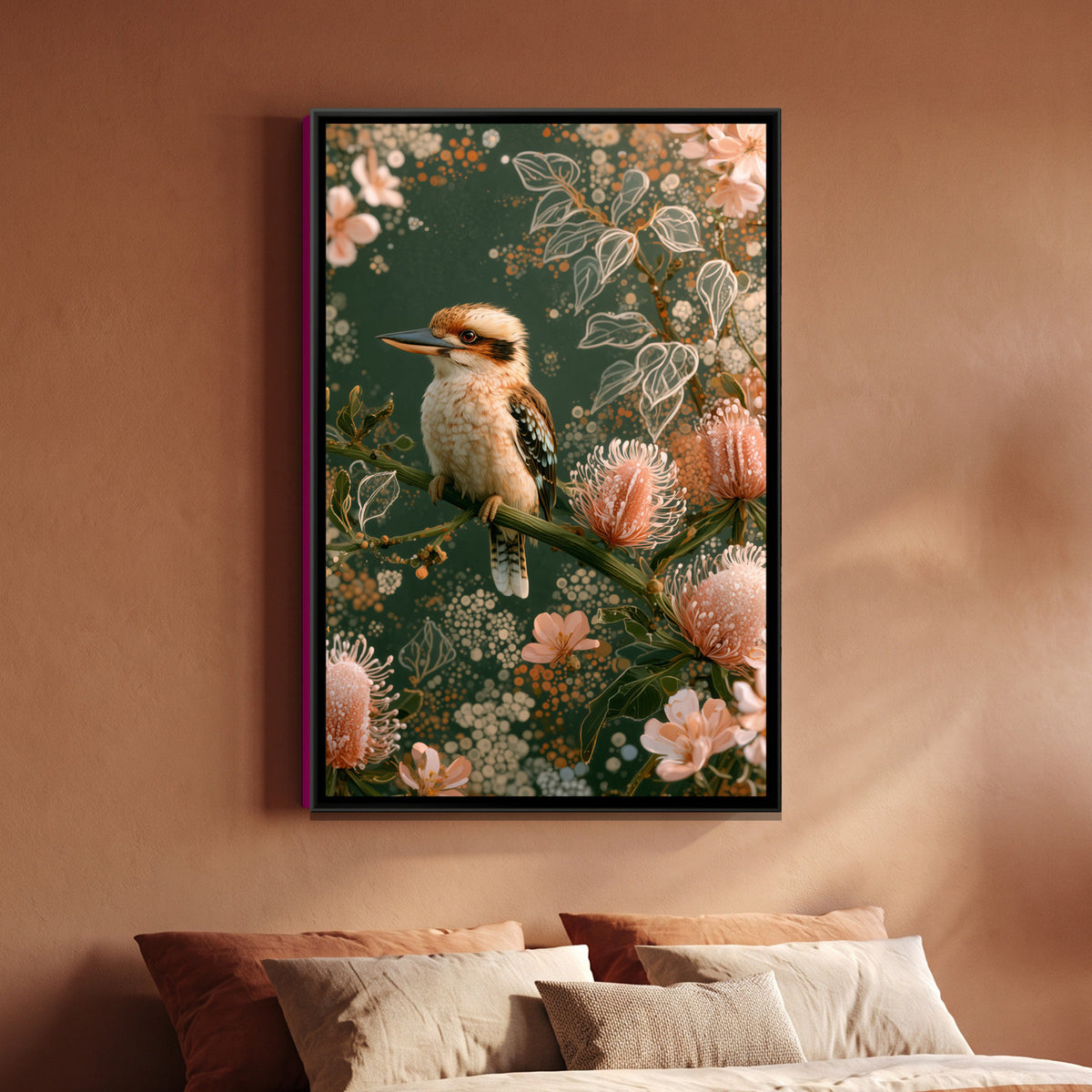 Kookaburra — framed canvas art hung on a wall