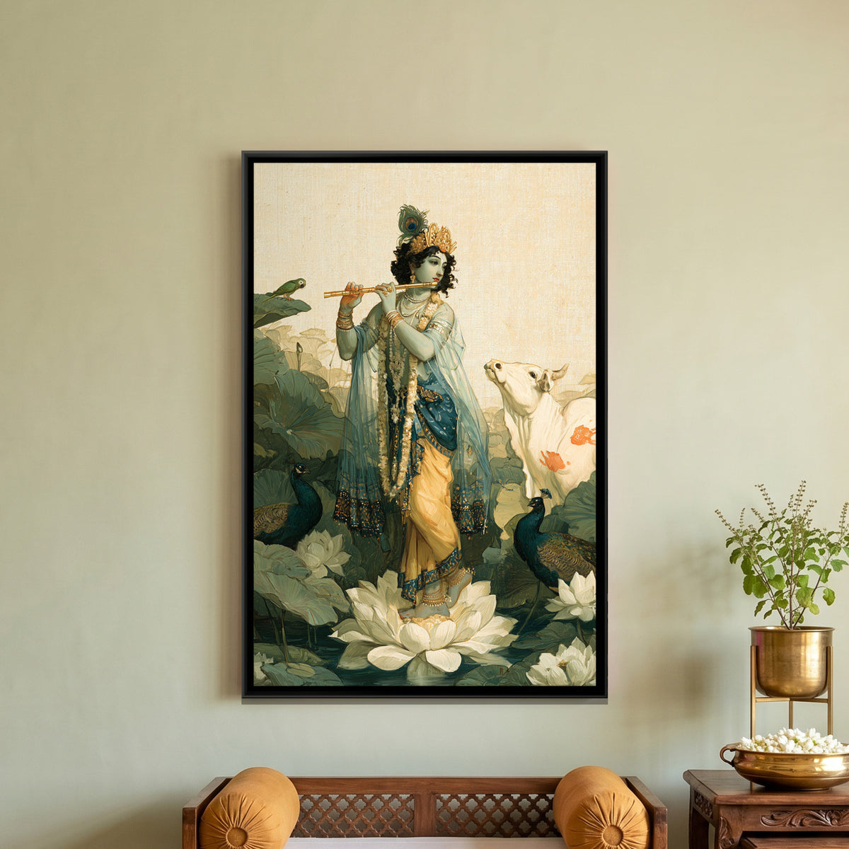 Shri Krishna on Lotus — framed canvas art hung on a wall