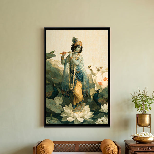 Shri Krishna on Lotus — framed canvas art hung on a wall