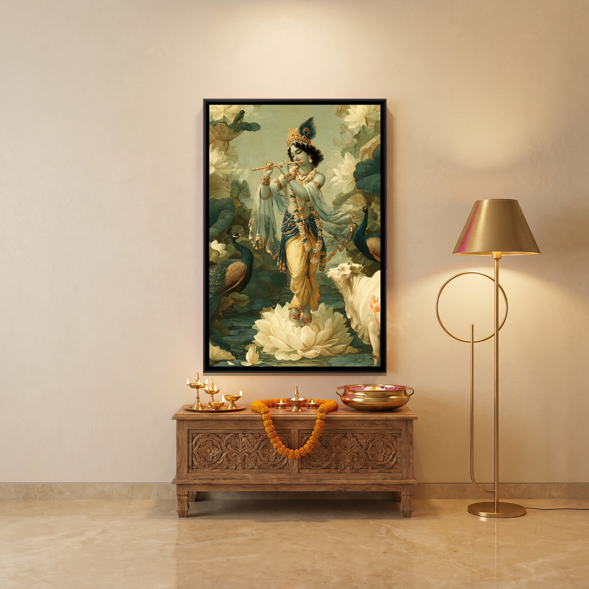 Shri Krishna on Lotus — canvas art shown in a styled room