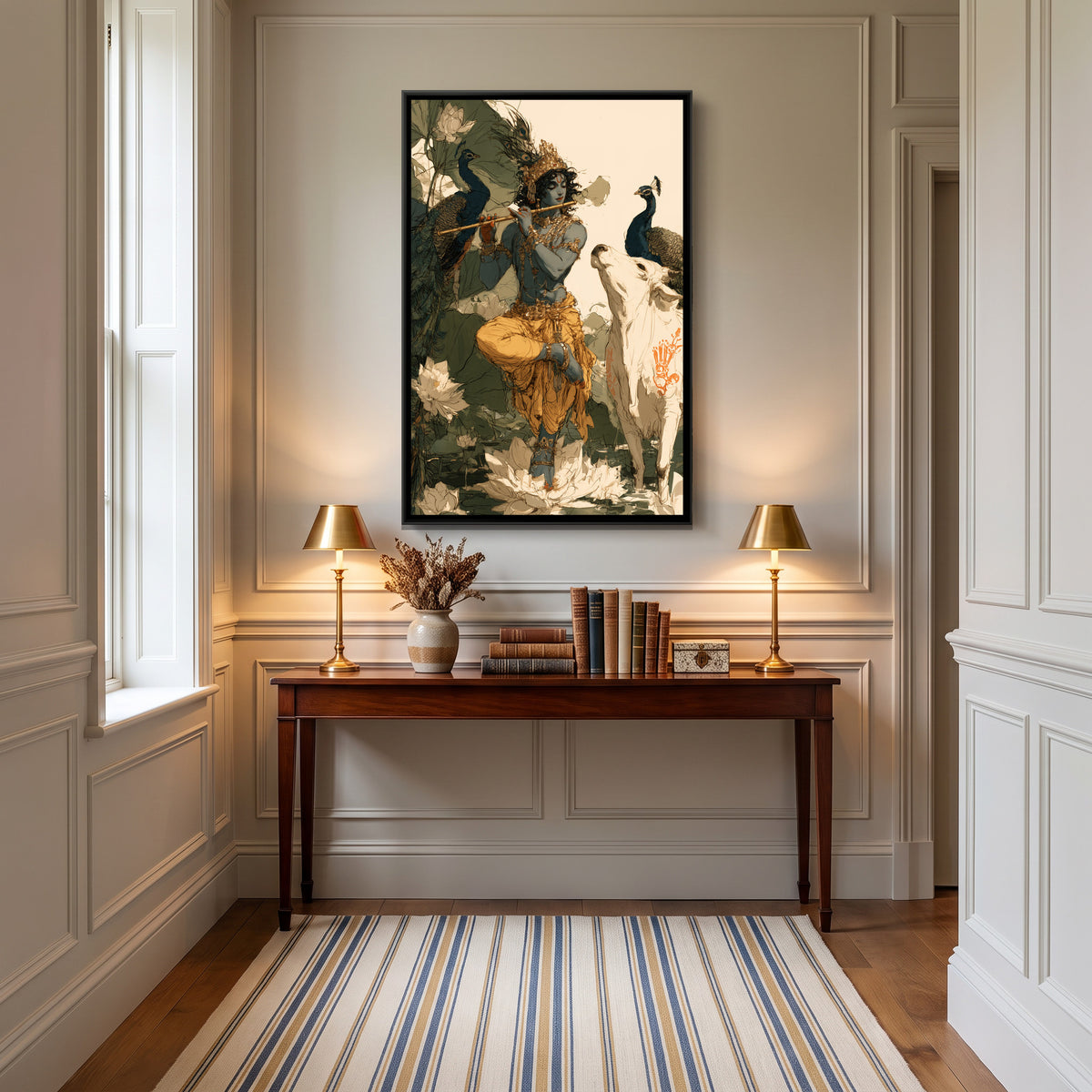 Shri Krishna on Lotus — canvas art shown in a styled room