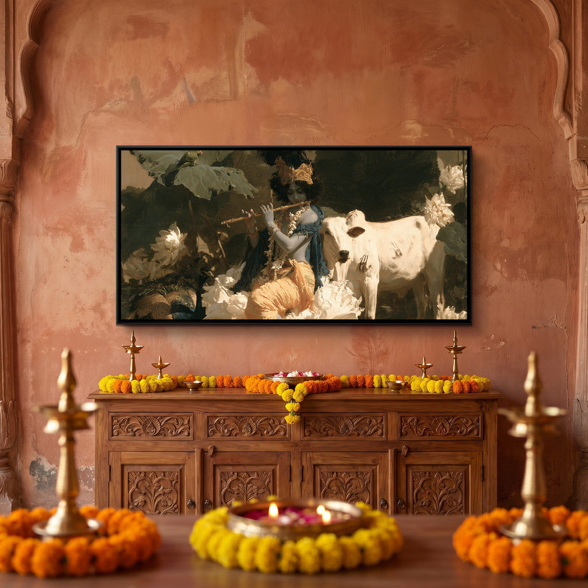 Shri Krishna on Lotus — canvas art shown in a styled room