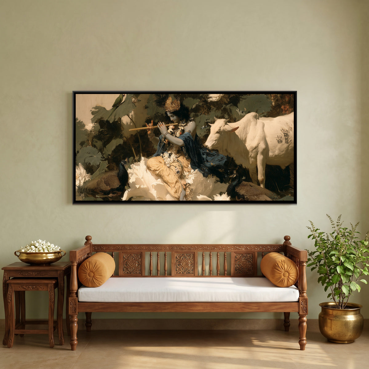 Shri Krishna on Lotus — canvas art shown in a styled room