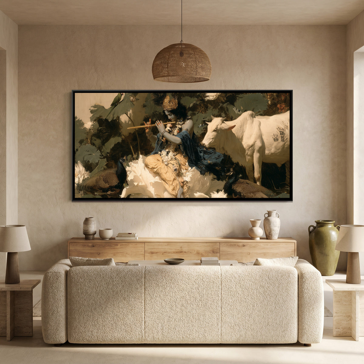 Shri Krishna on Lotus — canvas art shown in a second room setting