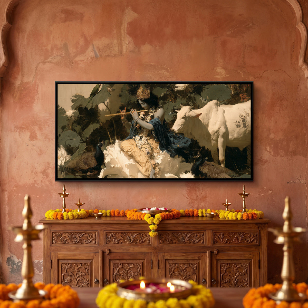 Shri Krishna on Lotus — framed canvas art hung on a wall