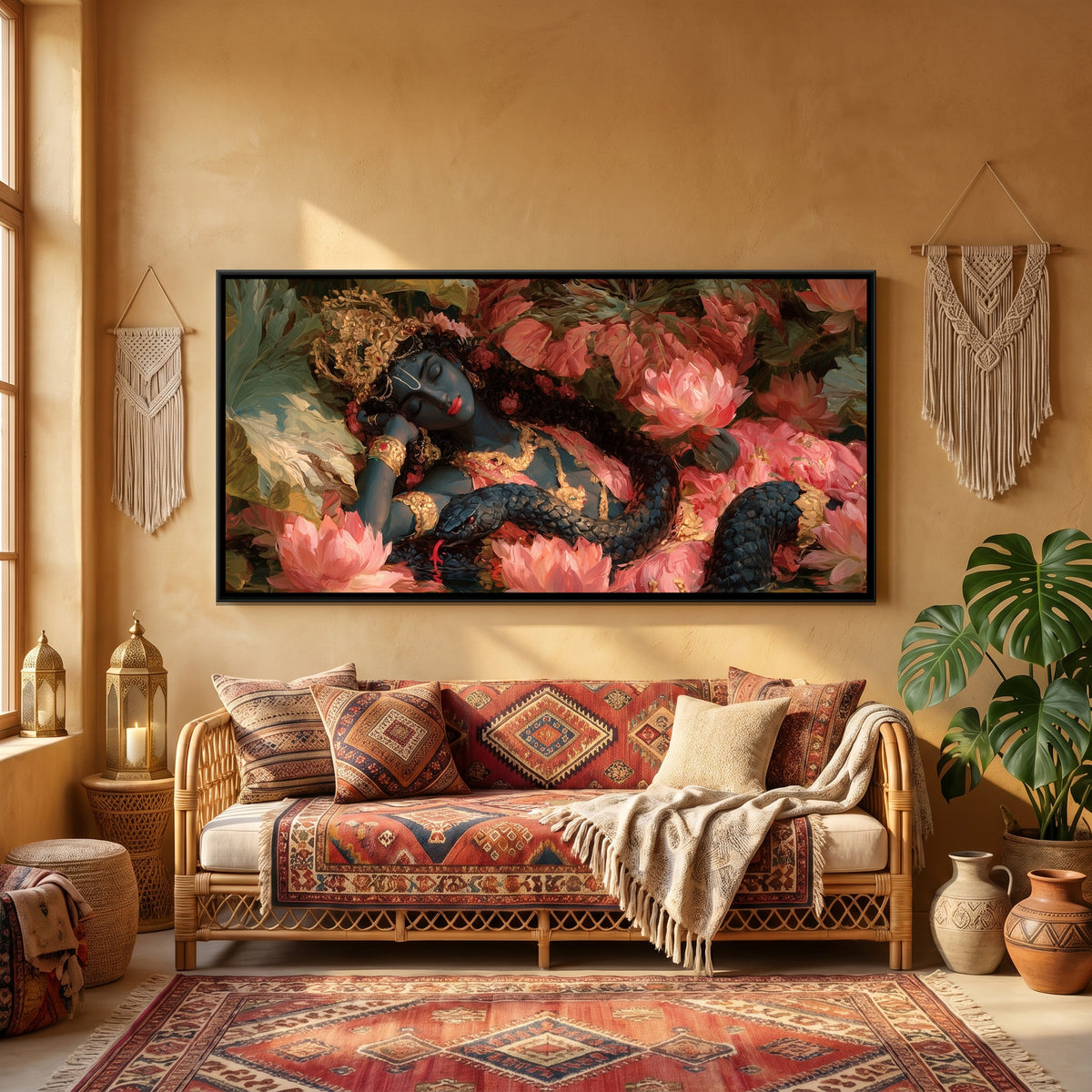 Shri Vishnu on Sheshnag — canvas art shown in a styled room