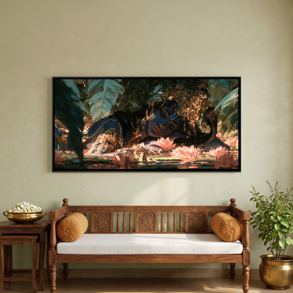 Reclining Shri Vishnu — framed canvas art hung on a wall