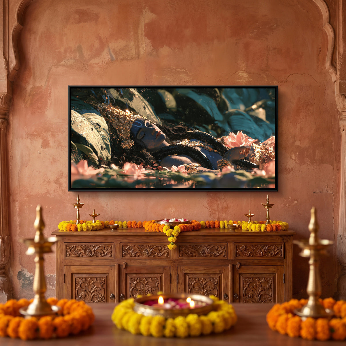 Reclining Shri Vishnu — canvas art shown in a styled room