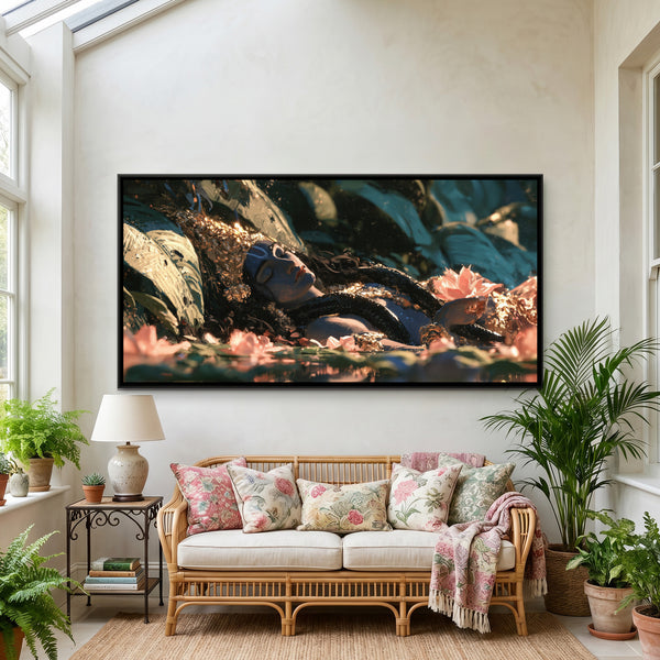 Reclining Shri Vishnu — framed canvas art hung on a wall